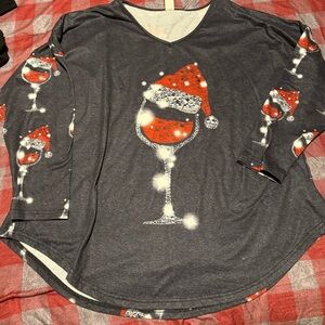 Festive Gray Long Sleeve Top with Santa Hat Wine Glass Design